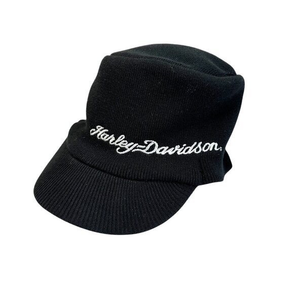 Harley Davidson Cotton Knitted Peaked Hat, Black, White Embroidered Logo - Picture 1 of 10